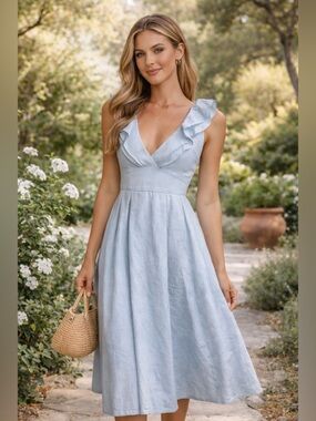 Aureta Blue Linen Midi Dress Ruffle Strap A-Line NWT Size S